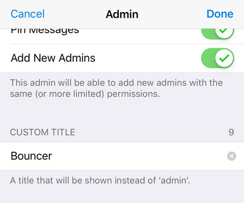 Custom title section on the admin rights screen